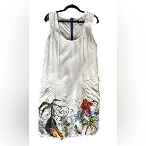 NWT Disigual White sleeveless Bubble Hem Graphic Print Resort Cruise Dress